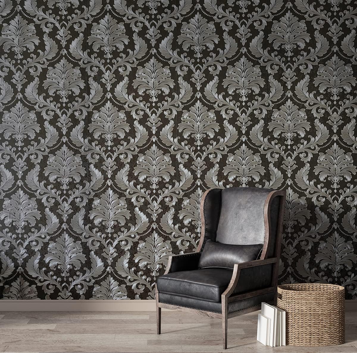 AMINAH DECO Thick Black Silver Damask Wallpaper Embossed Decorative WallCovering Vinyl Waterproof Wall Paper 20.8in x 393.70 in