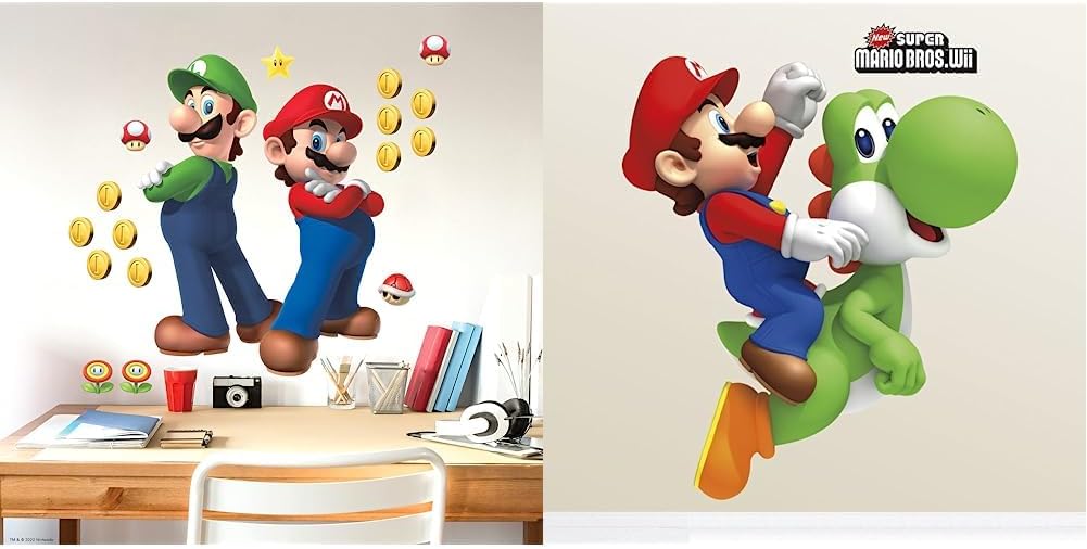RoomMates RMK5223GM Super Luigi and Mario Peel and Stick Wall Decals, red, Green, Yellow  RMK1918GM Ninetendo Super Mario Bros. Yoshi and Mario Peel and Stick Giant Wall Decals 23 x 32